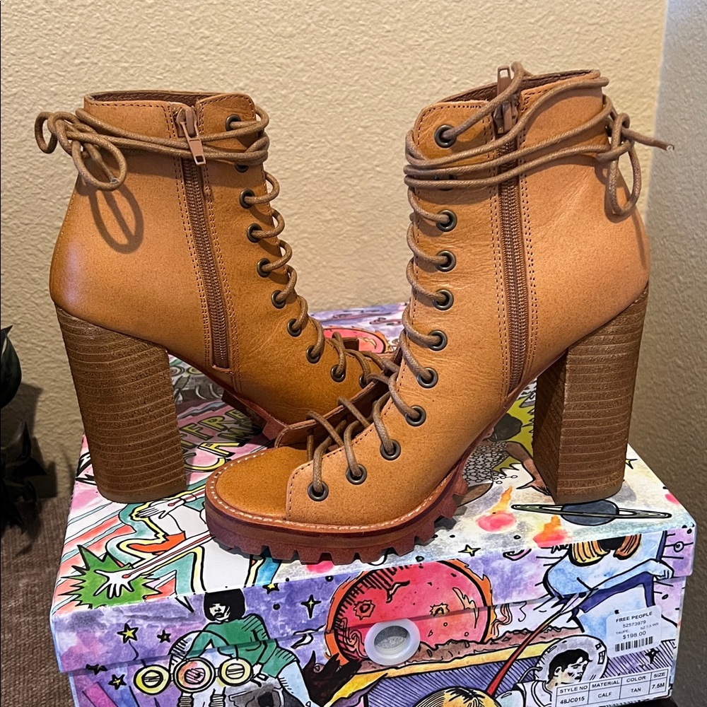Jeffrey Campbell Tan Lace-Up Peep Toe Boots - Picture 6 of 9
